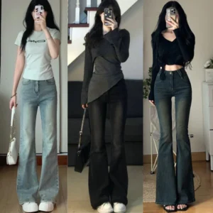 Quần Jeans Nữ Ống Loe MIAA Lưng Cao Màu RETRO Chất Dày Dặn Co Giãn Tốt , quần bò loe cạp cao ôm eo gọn chân cực tôn dáng