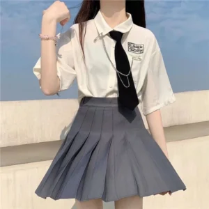 Bộ Đồ Mùa Hè Phong Cách Đại Học Mới Cho Sinh Viên Nữ Phiên Bản Hàn Quốc Áo Sơ Mi Ngắn Tay JK Rộng Rãi Chân Váy Xếp Ly